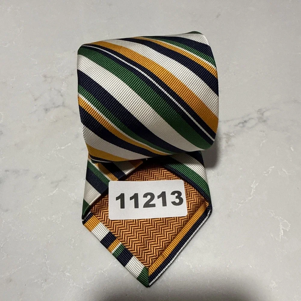Robert Talbott Silk Repp Tie Ivory Navy‎ Green Gold Regimental Stripe 58 x 3.25